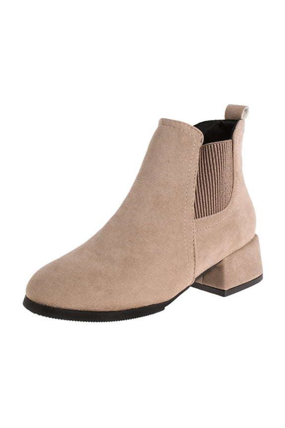 Women's Chunky Block Heel Slip On Ankle Boots with Elastic Sided Fall Winter Booties Solid Color Low Heel Round Toe Suede Ankle Boots