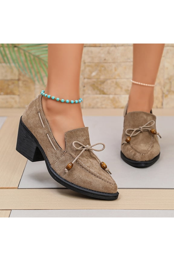 Women's Chunky Block Heel Tassel Loafers, Vintage Square Toe Slip On Dress Shoes With Front Bowknot Tie Comfortable Stable High Heels Platform Oxfords Outer Walking Footwear,Khaki 5.5