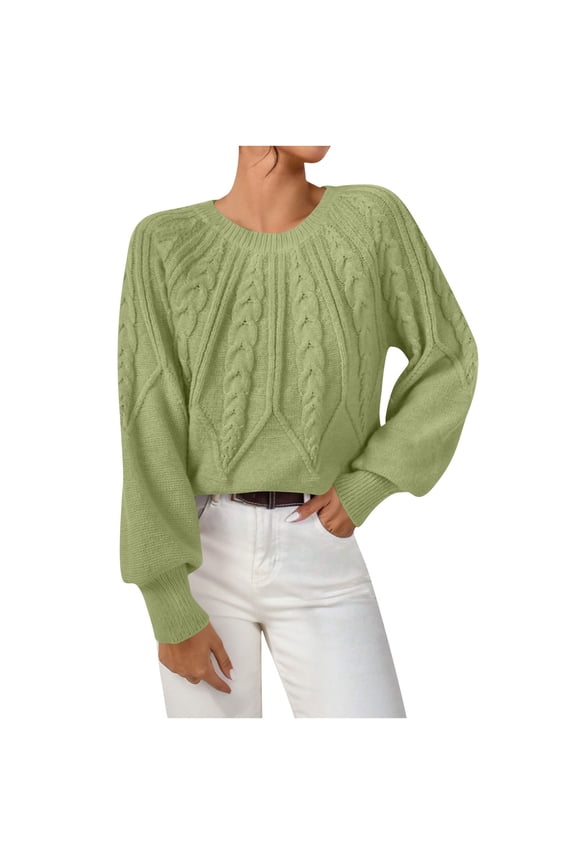 Women's Chunky Cable Knit Cropped Sweater - Soft Crewneck Puff Sleeve Winter Base Top, Comfy Oversized Acrylic Blend Pullover