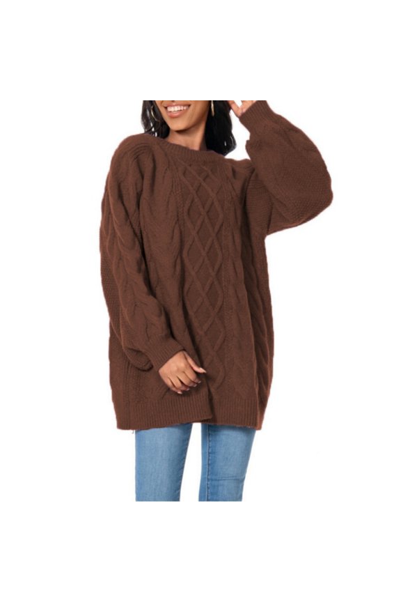 Women's Chunky Cable Knit Sweater Oversized Crewneck Cozy Soft Winter Pullover (Coffee, 2XL)
