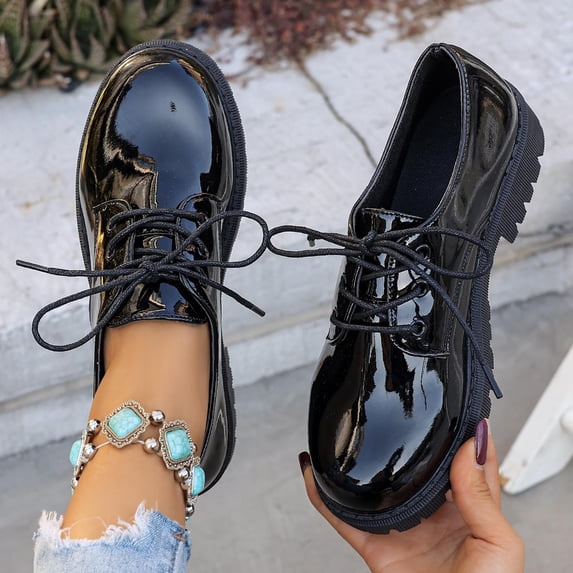 Women's Chunky Dress Shoes Summer Plus Size Solid Color Patent Leather Versatile Shoes Lace Up Business Low Heel Casual Loafers Black 9