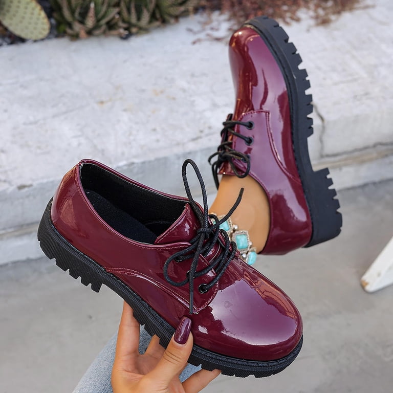 BRGZLK Women's Chunky Dress Shoes Summer Plus Size Solid Color Patent Leather Versatile Shoes Lace Up Business Low Heel Casual Loafers Wine 7