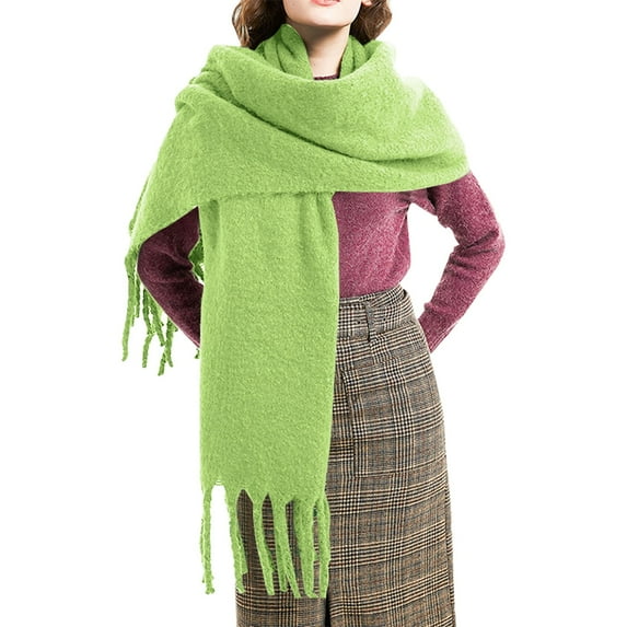 Women's Chunky Fringe Scarf, Winter Solid Color Shawl Wrap, Oversized Thickened Scarf, Fall Winter Accessory, Plush Warm Scarf and Cape Green2
