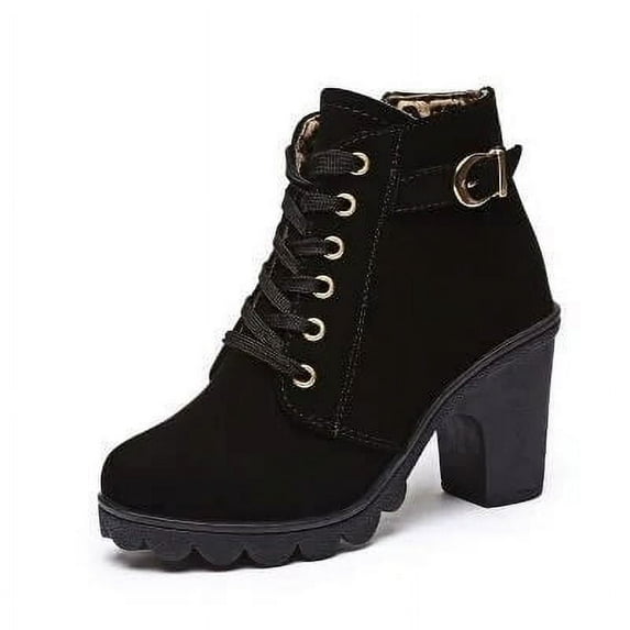 Women's Chunky Heel Ankle Booties Stylish High Heels Dress Boot Comfy Round Toe Lace up Side Zipper Combat Boots