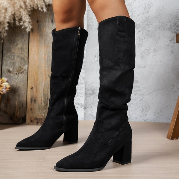 Women's Chunky Heel Knee High Boots, Fall Winter Pointed Toe Chunky Heel Side Zipper Boots with Breathable Lining, Trendy Footwear for Daily Leisure