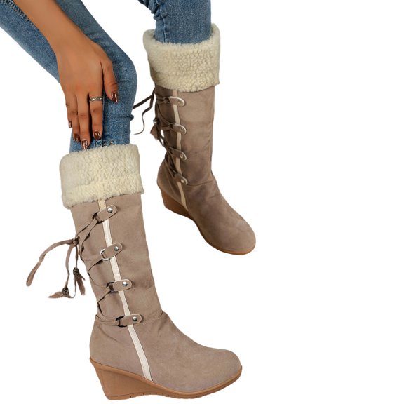 Women's Chunky Heel Knee High Boots, Plus Size Suede Fur Trim Lace Up Wedge Design with Breathable Lining, Trendy Boots for Daily Wear Gift