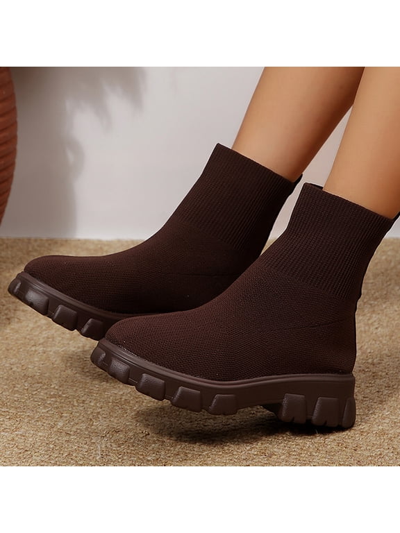 Women's Chunky Knit Sock Boots, Stretchy Ankle Booties with Platform Sole, Dark Brown