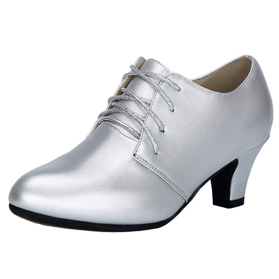 Women's Chunky Heel Lace Up Vintage Oxfords Pumps Almond Toe Block Mid Heels Dance Shoes Lightweight Dress Shoes Silver Size 7