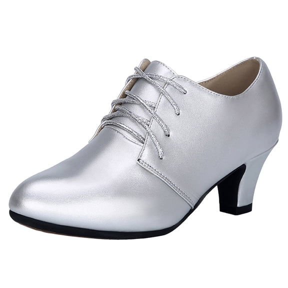 Women's Chunky Heel Lace Up Vintage Oxfords Pumps Almond Toe Block Mid Heels Dance Shoes Lightweight Dress Shoes Silver Size 7