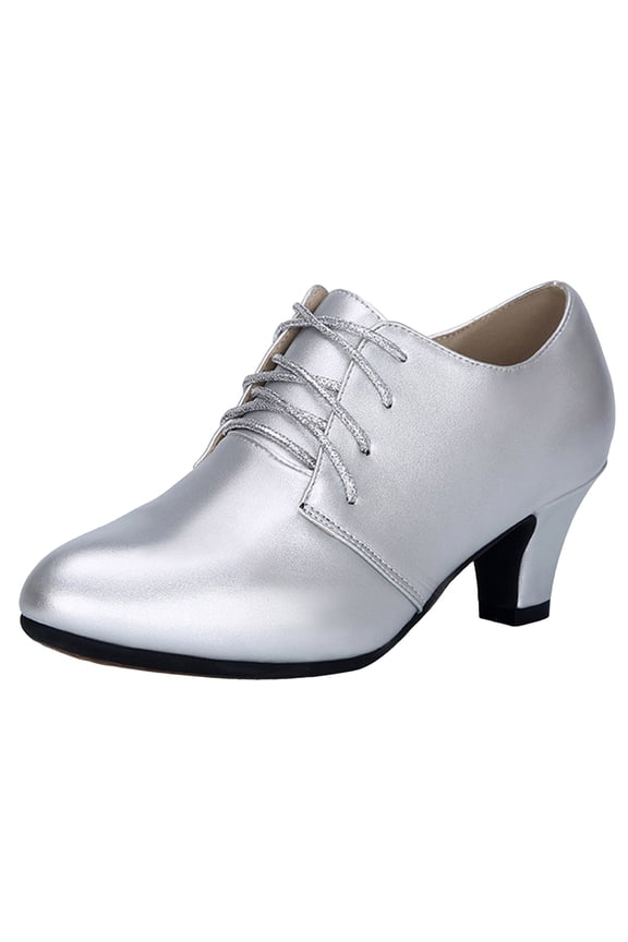 Women's Chunky Heel Lace Up Vintage Oxfords Pumps Almond Toe Block Mid Heels Dance Shoes Lightweight Dress Shoes Silver Size 7
