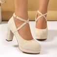 thumbnail image 1 of Women's Heel Mary Jane Pumps Platform Round Toe Dress Shoes with Suede Buckle Strap (Beige 9), 1 of 8