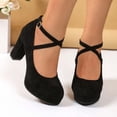thumbnail image 1 of Women's Heel Mary Jane Pumps Platform Round Toe Dress Shoes with Suede Buckle Strap (Black 7), 1 of 8
