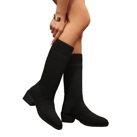 Women's Chunky Heel Mid Calf Boots, Plus Size Knit Pointed Toe Chunky Heel Casual Boots with Breathable Lining, Trendy Footwear for Daily Party Wear
