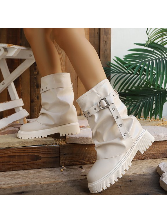 Women's Chunky Heel Mid Calf Boots, Retro Metal Chain Rivet Platform Slouch Design with Breathable Lining, Trendy Boots for Daily Party Gift