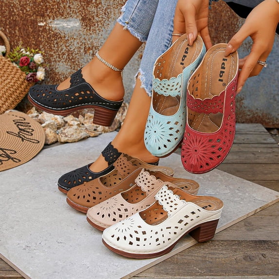 Women's Chunky Heel Mule Clogs, Wide Width Cutout Summer Heels for Women, Non-Slip Casual Mules, Breathable Walking Shoes for Spring Summer