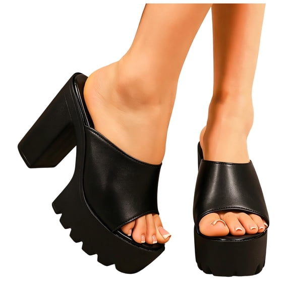 Women's Chunky Heel Mules Sandals Open Toe Platform Sandals Lightweight Slip on Heeled Dressy Shoes Black Size 9.5