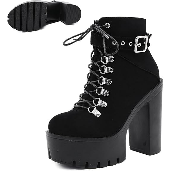 Women's Chunky Heel Platform Goth Dress Ankle Boots Classic Round Toe Lace Up Side Zipper High Block Heel Combat Bootie