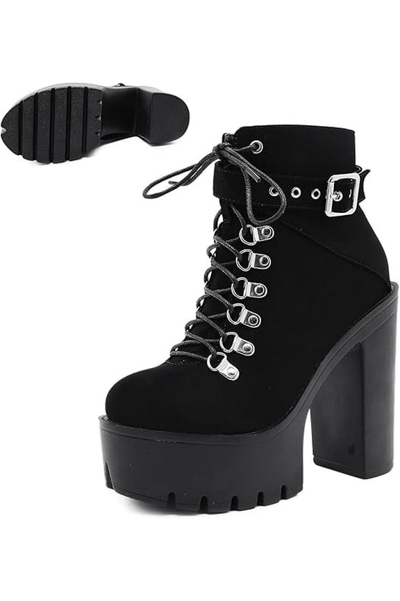 Women's Chunky Heel Platform Goth Dress Ankle Boots Classic Round Toe Lace Up Side Zipper High Block Heel Combat Bootie