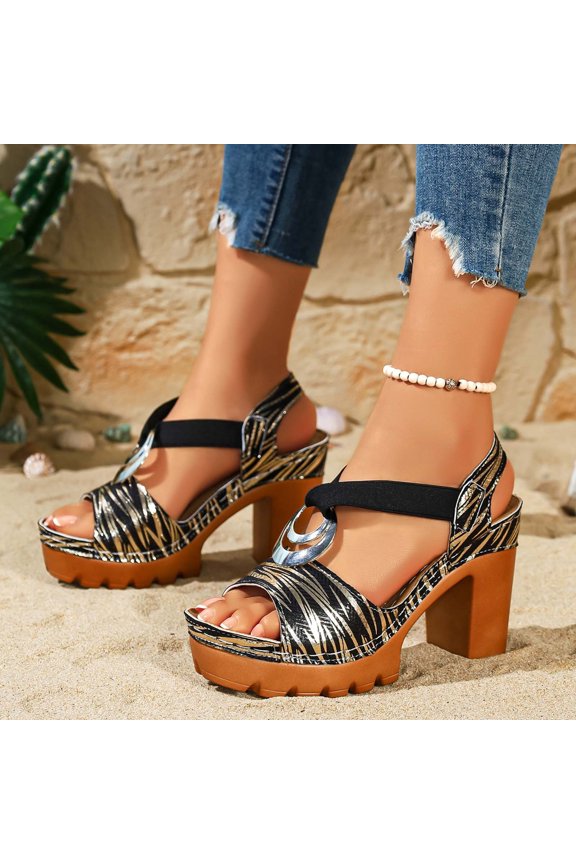 Women's Chunky Heel Platform Sandals, Stylish Design, All Day Comfort, Elegant Fashion High Heels for Daily Casual And Party Wear Black 37