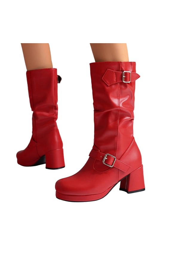 Women's Chunky Heel Platform Wide Calf Boots Slip On Fashion Round Toe Mid Calf Riding Booties with Buckle Strap Red Size 7.5