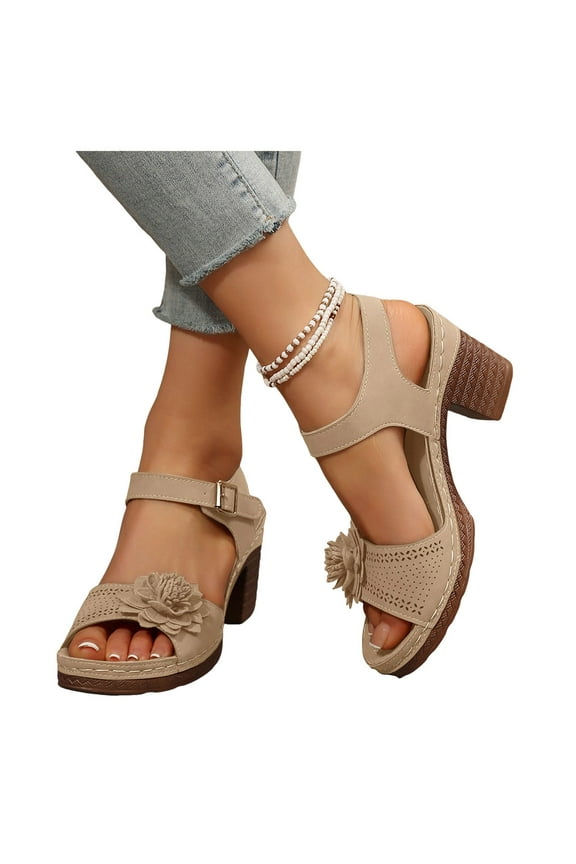 Women's Chunky Heel Wedge Sandals Ankle Strap Casual Hollow Out Floral Lightweight Non Slip Dress Shoes White Size 8
