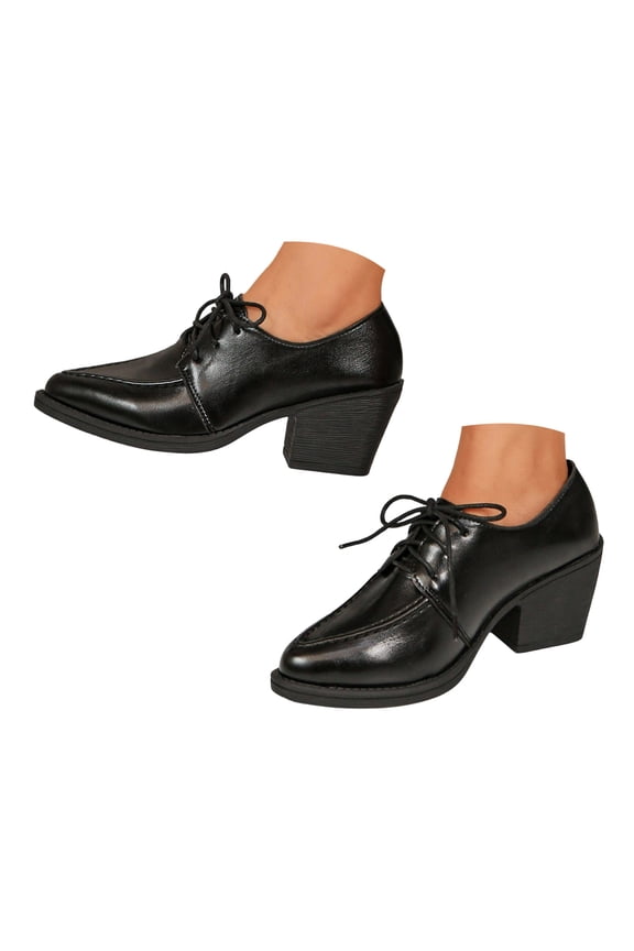 Women's Chunky Heeled Oxfords Classic Lace up Mid Heel Pumps Vintage Pointed Toe Office Dress Shoes Black Size 6