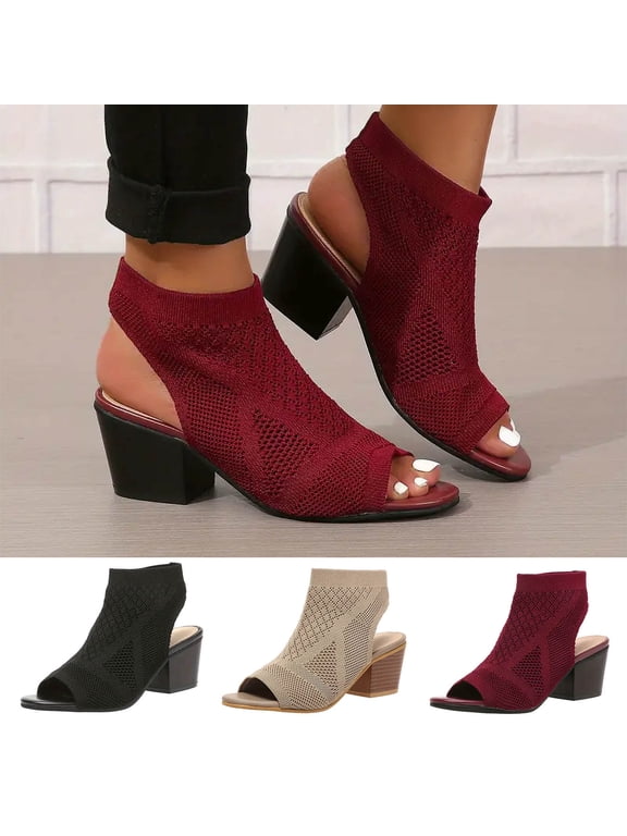 Women's Chunky Heeled Sandals Knitting Peep Toe Slip On Slingback Low Heels Fashion Fabric SandalsWine qILAKOG Size 10