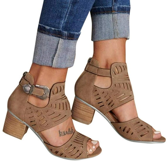 Women's Chunky Heeled Sandals Summer Platform Chunky Block Heel Sandals Cutout Peep Toe Ankle Strap Heel Sandal with Zipper