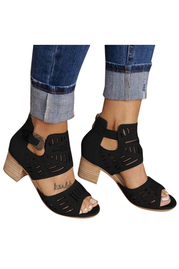 Women's Chunky Heeled Sandals Summer Platform Chunky Block Heel Sandals Cutout Peep Toe Ankle Strap Heel Sandal with Zipper