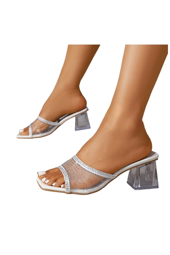 Women's Chunky Heels Glitter Wide Strap Mules Square Open Toe Clear Block Sandals Sexy Rhinestone Slip on Dress Slides for Party Prom White Size 7.5