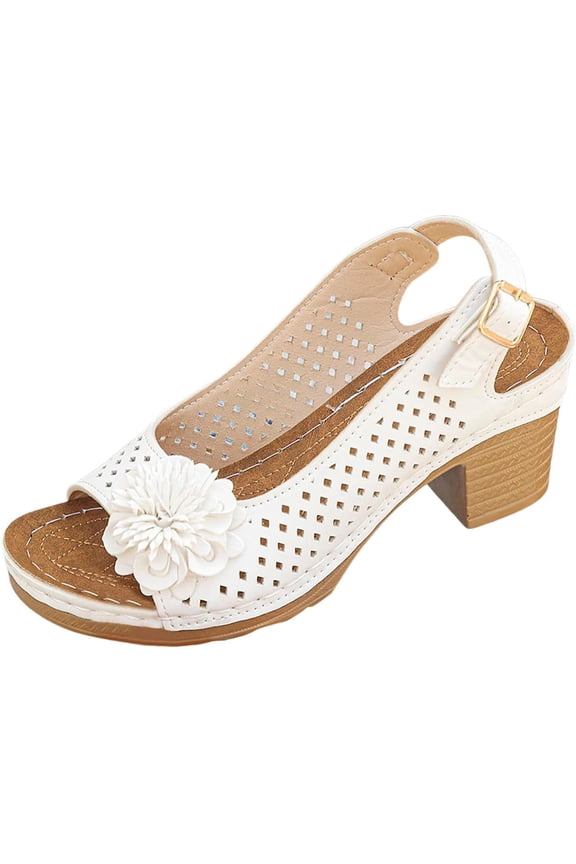 Women's Chunky High Block Heels Flowers Sandals 2026 Summer Casual Peep Open Toe Ankle Strap Hollow Out Platform Wedge Sandal Party Dress Wedding Dance Shoes