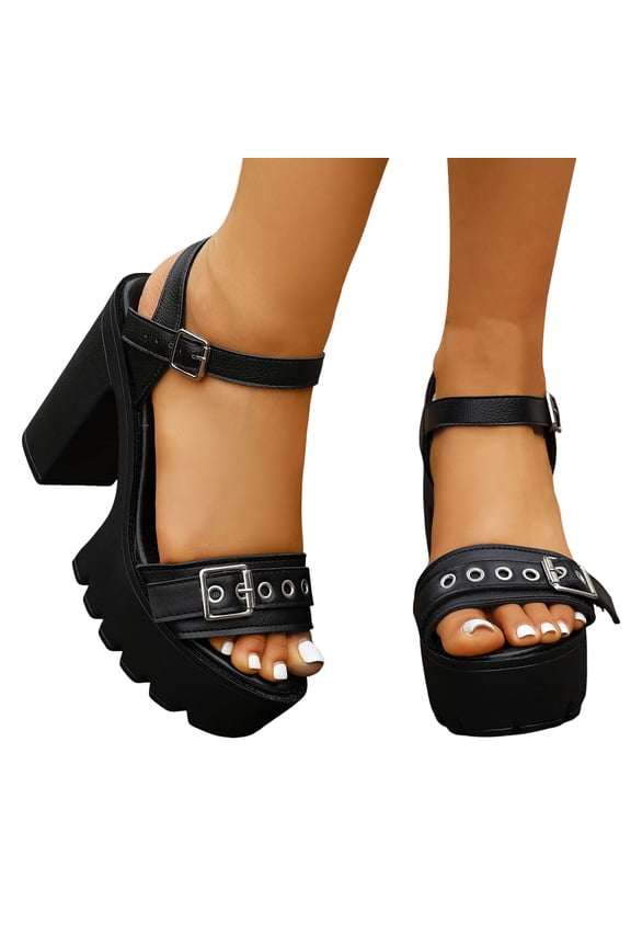 Women's Chunky High Heel Platform Sandals Lightweight Slip On Open Toe Buckle Ankle Strap Gothic Gladiator Sandals Black Size 9