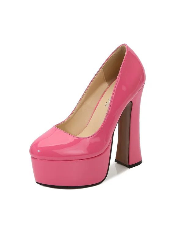 Women's Chunky High Heels Round Toe Pumps 14cm Heel 4cm Platform WZ