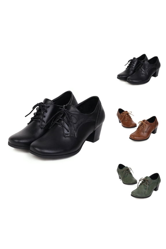 Women's Chunky High Heels Wingtip Oxfords Round Toe Lace Up Stacked Block Heel Vintage Brogues Pumps Shoes Retro Flat Toe Mid Heel Shoes