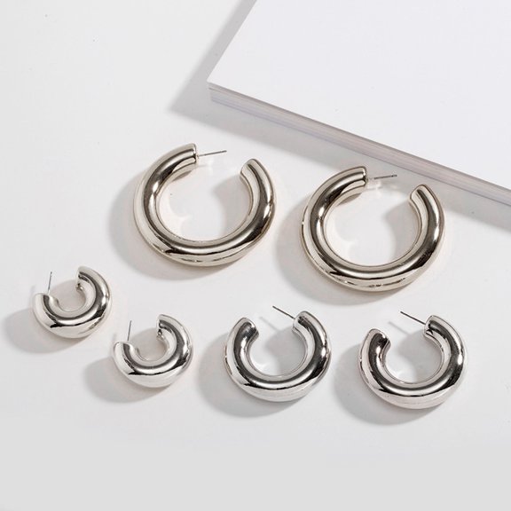 Women's Chunky Hoop Earrings Set - Silver - Large