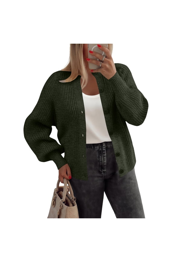 Women's Chunky Knit Cardigan Long Sleeve Crewneck Button Down Fall Wrap (Army Green, M)