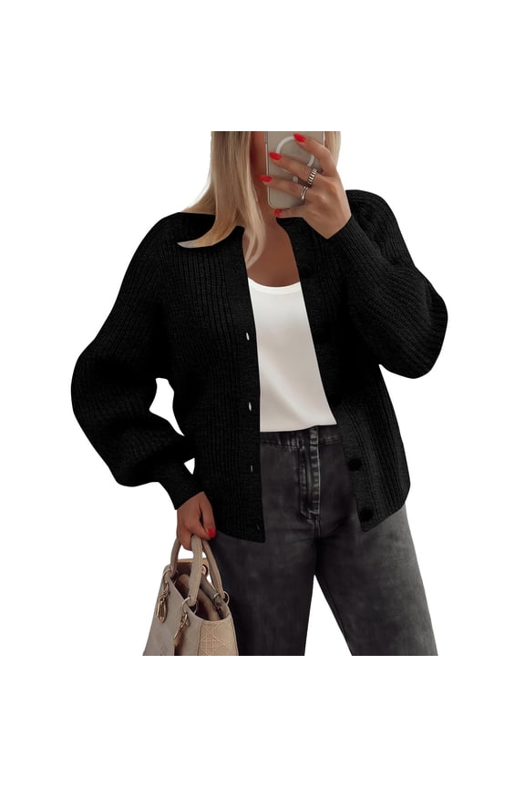 Women's Chunky Knit Cardigan Long Sleeve Crewneck Button Down Fall Wrap (Black, 2XL)