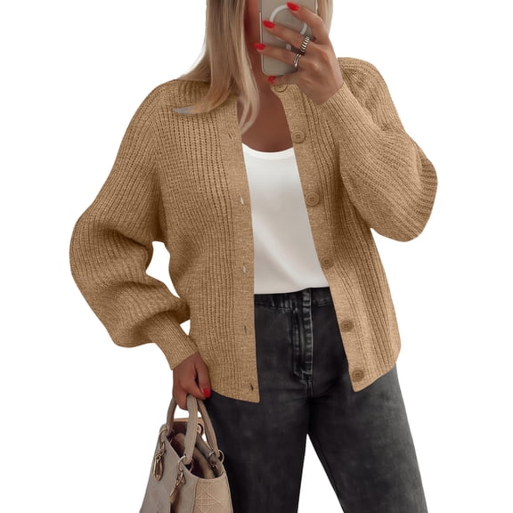 Women's Chunky Knit Cardigan Long Sleeve Crewneck Button Down Fall Wrap (Khaki, L)
