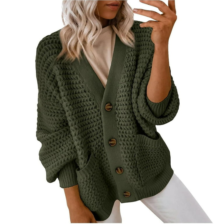 Women's Chunky Knit Cardigan Sweater, Button Down Long Sleeve