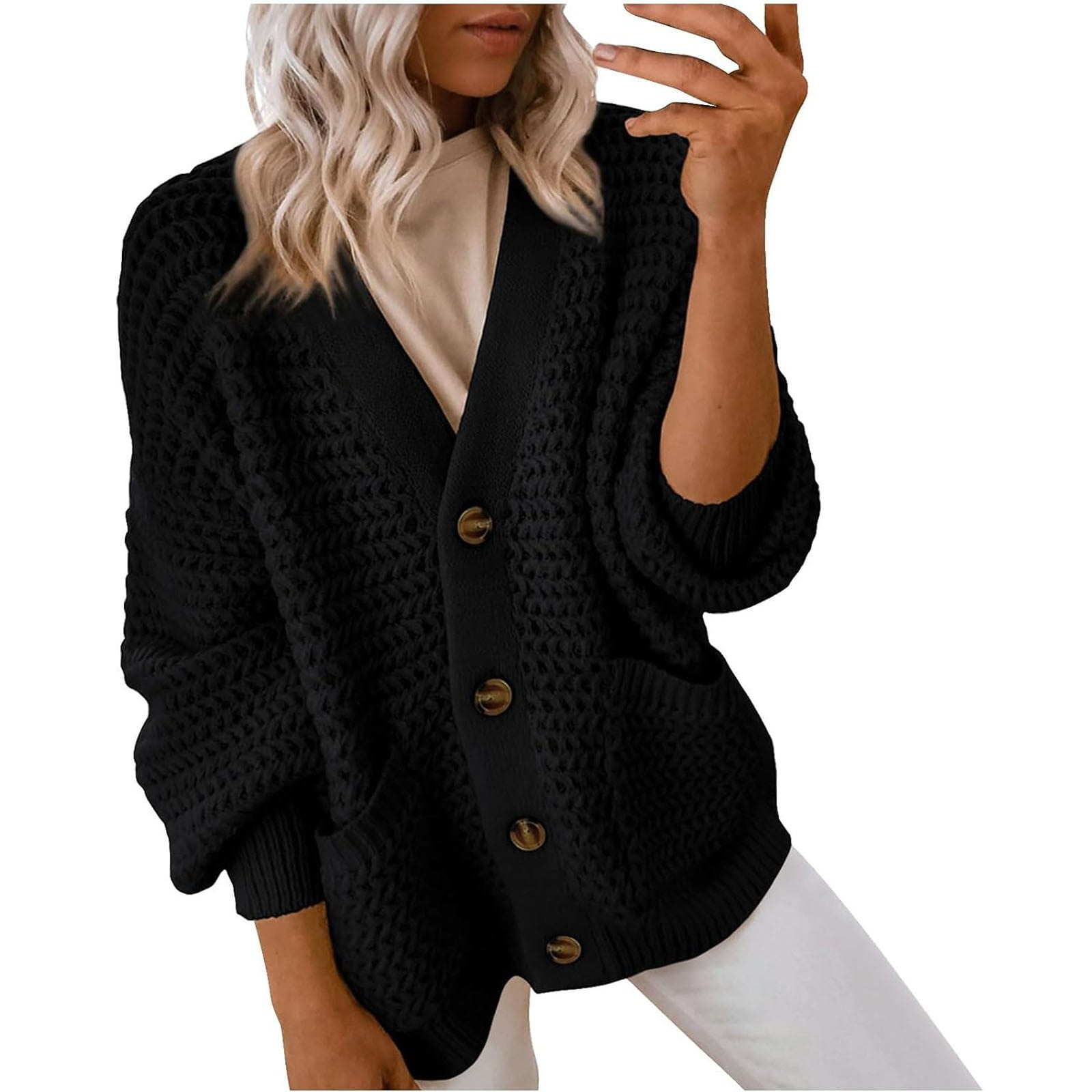 Women's Chunky Knit Cardigan Sweater, Button Down Long Sleeve