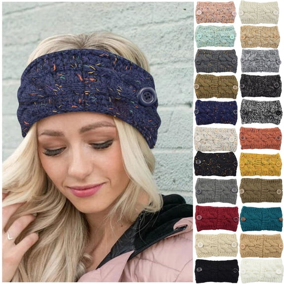 Women's Chunky Knit Ear Warmer Headband, Twist Braid Winter Headwrap with Side Button and Color Flecks, Soft Wool Blend Fashion Headband for Cold Weather-B