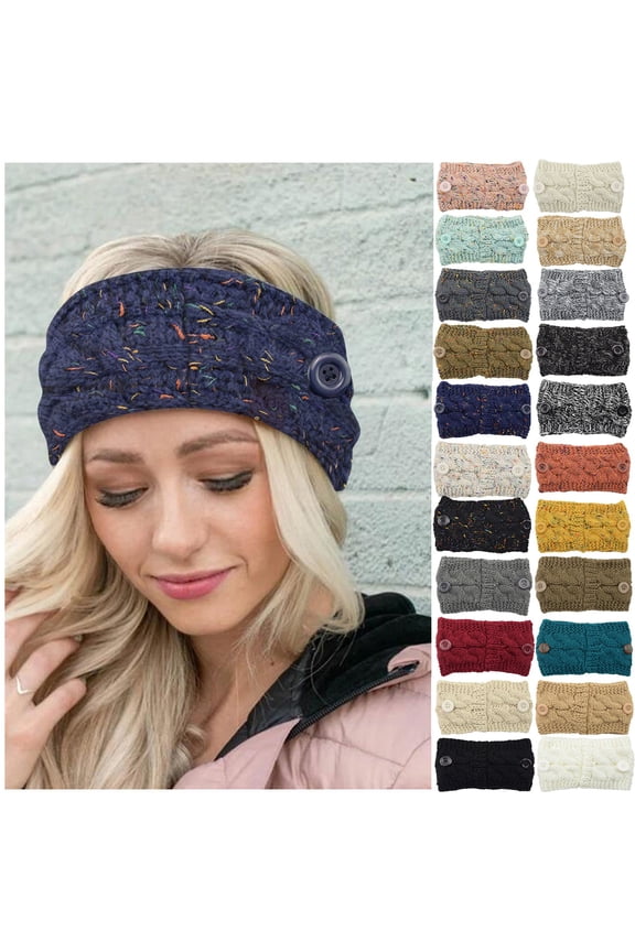 Women's Chunky Knit Ear Warmer Headband, Twist Braid Winter Headwrap with Side Button and Color Flecks, Soft Wool Blend Fashion Headband for Cold Weather-B