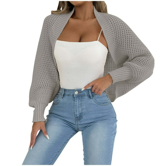 Women's Chunky Knit Open Front Cardigans Sweater Long Sleeve Cardigan Cropped Ribbed Shrug Sweater Bolero Tops
