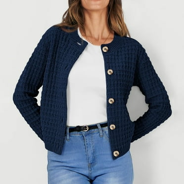 Women's Chunky Knit Open Front Sweater Button Down Long Sleeve Cardigan Sweater Tweed Knit Crew Neck Cardigan Outerwear Coats Fall Winter Cropped Open Front Casual Trendy Fashion Outwear,Navy M