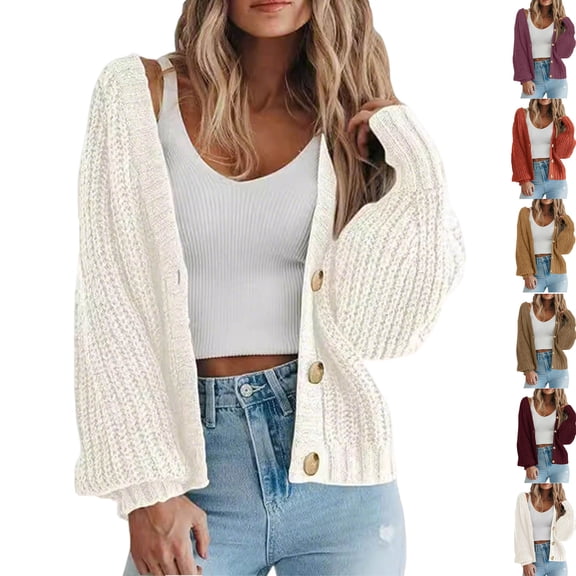 Women's Chunky Knit Open Front Sweater Long Sleeve Button Loose Short Cardigan Outerwear Coats Cardigan Sweaters for Women Trendy Fall Fashion Knit Cardigans Fall Winter Clothing Outfits