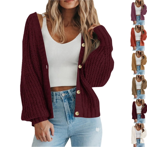 Women's Chunky Knit Open Front Sweater Long Sleeve Button Loose Short Cardigan Outerwear Coats Cardigan Sweaters for Women Trendy Fall Fashion Knit Cardigans Fall Winter Clothing Outfits