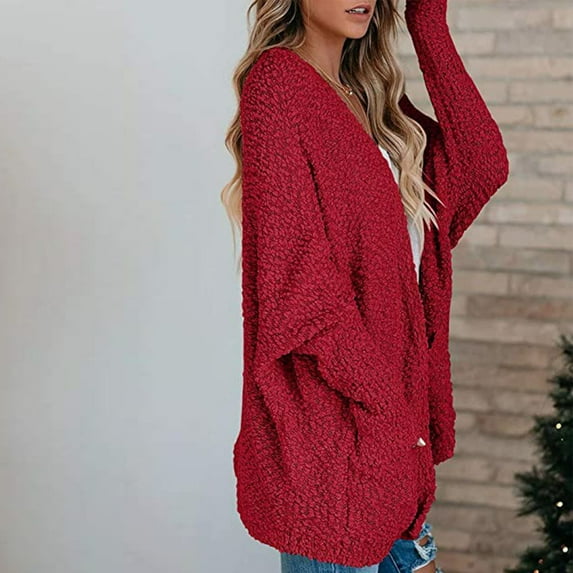 Women's Chunky Knit Open Front Sweater Long Sleeve Button Loose Short Cardigan Outerwear Coats Ndbuld Women's Casual Solid Knit Double Bag Medium Length Cardigan Sweater Jacket