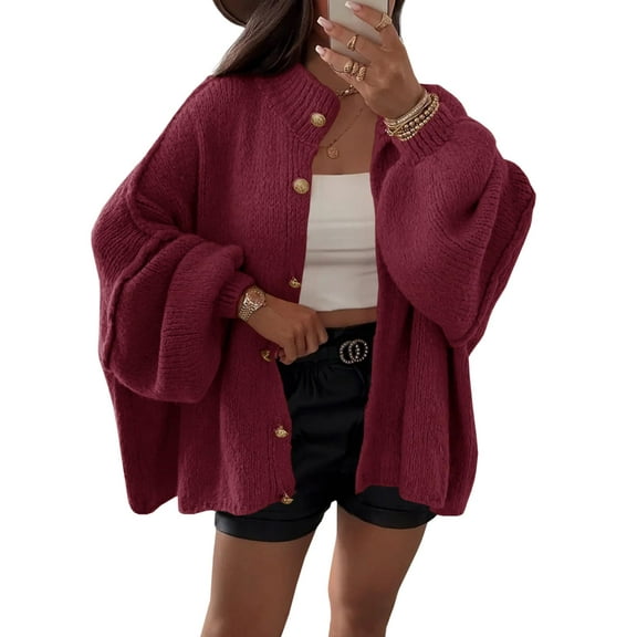Women's Chunky Knit Oversized Cardigan - Button Front Coat with Lantern Sleeves for Fall/ Winter Cozy Outerwear