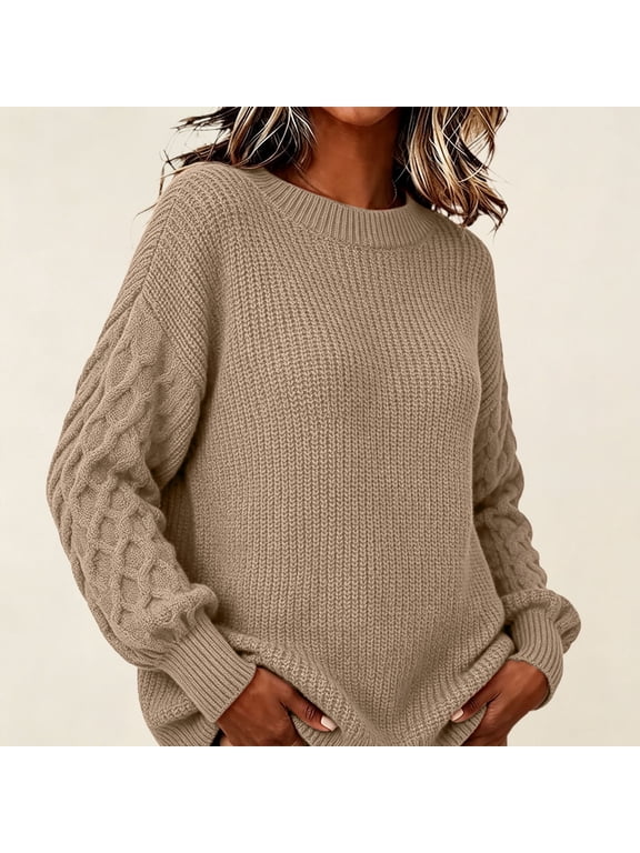 Women's Chunky Knit Pullover Sweater with Crew Neck, Loose Thick Warm Casual Long Sleeve Top, for Fall Winter Daily Wear, Home Comfort or Cozy Outings Beige L