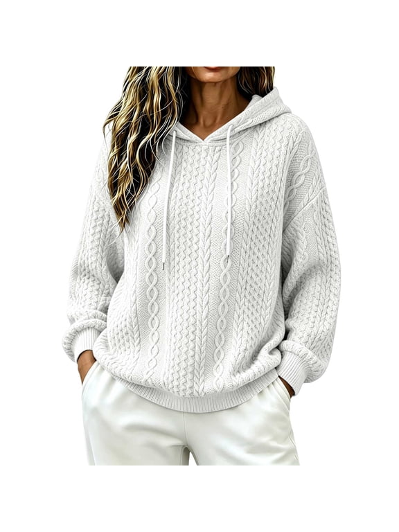 Women's Chunky Knit Sweater, Drop Shoulder Pullover Hoodie for Women, Textured Long Sleeve Hooded Sweatshirt, Loose Fit Chunky Knit Pullover for Women, Casual Fall Winter Fashion Sweater White